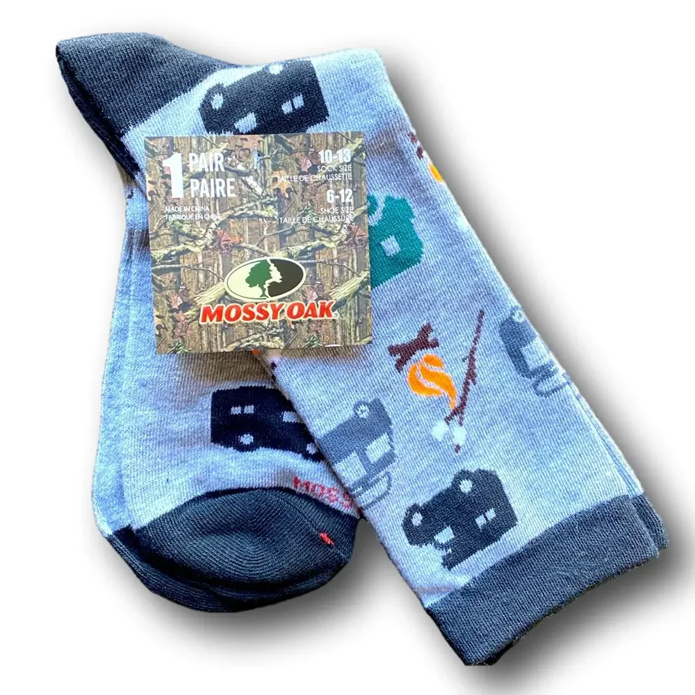 3/$18 Mossy Oak Camping, RV & Smores Funny Novelty Crew Socks - NWT